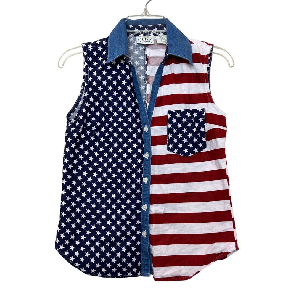 Quizz Again Sleeveless Top Womens Small Red White Blue American Flag Stars Denim